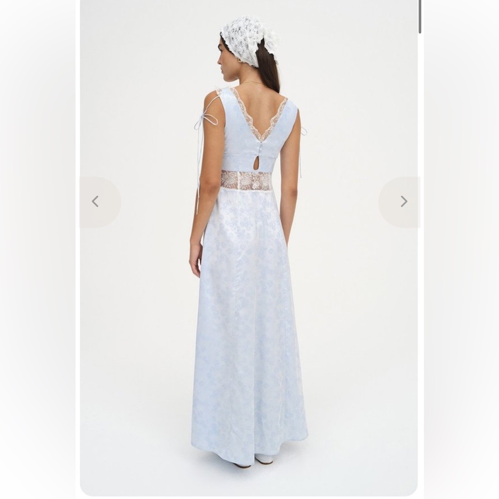 NWT For Love & Lemons Hattie Satin Slip Maxi Dress Blue Floral Lace Size XS - Picture 2 of 11